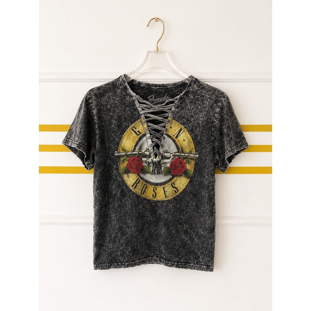 Bravado Guns N' Roses Acid Wash Lace Up Graphic Tee Charcoal Grey Small festival